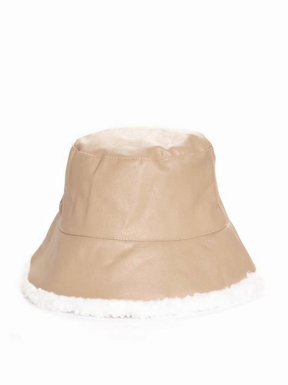 Tan Faux-Leather Shearling-Trim Bucket Hat. BNWT